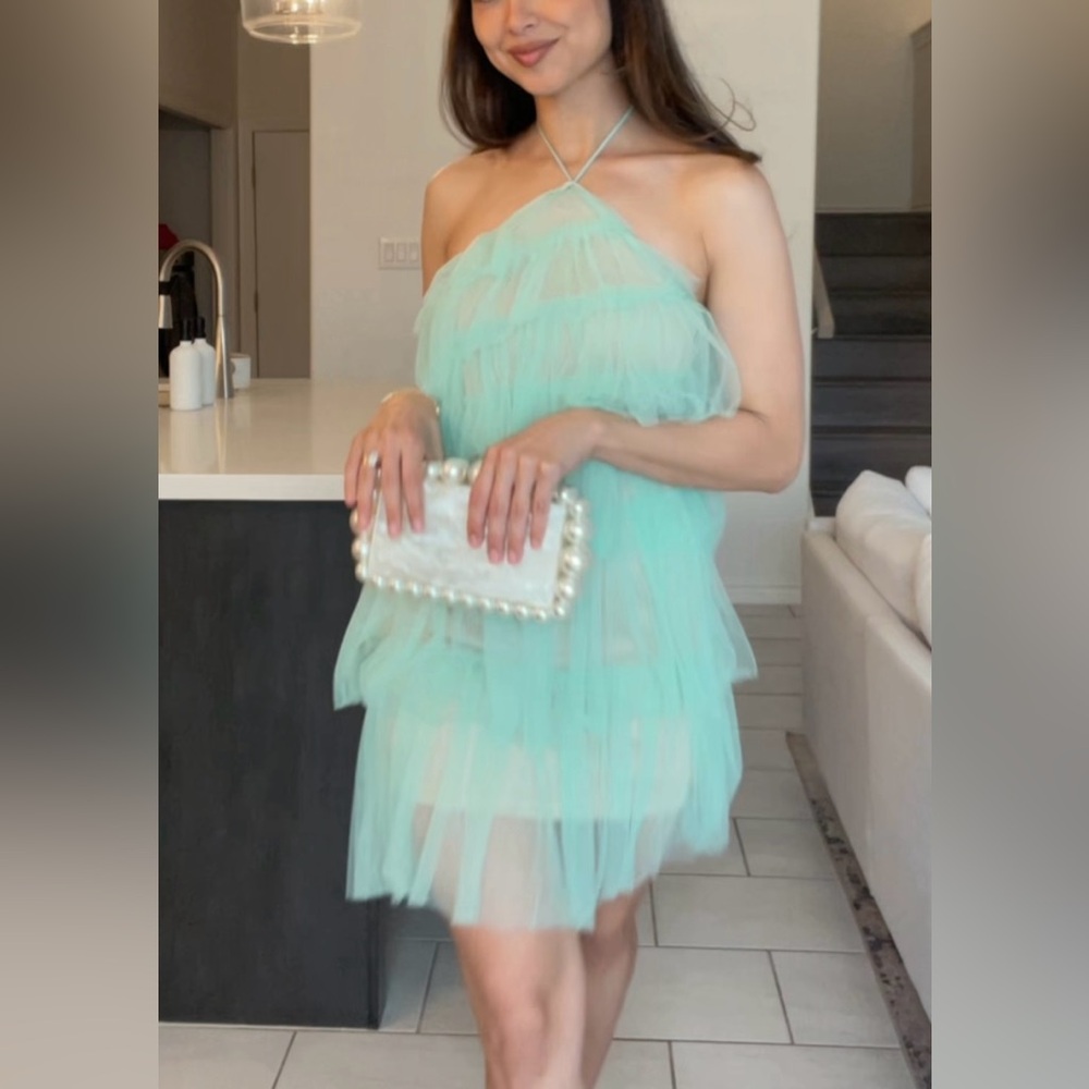 Mini bright teal tulle ruffle dress